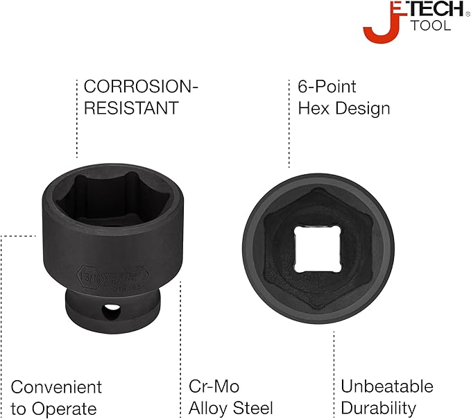 Jetech 1/2 Inch Drive 1-3/16 Inch Standard Impact Socket, Made with Chrome Molybdenum Alloy Steel, Heat Treated, 6-Point Design, SAE