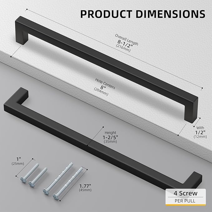Goldenwarm 50 Pack 8 Inch Black Cabinet Handles Matte Black Drawer Pulls Stainless Steel Cabinets Hardware Square Bar Modern for Kitchen Bathroom Cupboard
