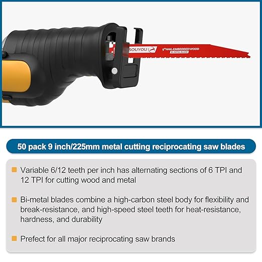 50 Pack 9 Inch 6/12 Tpi Reciprocating Saw Blades Bi-Metal Steel Demon with Perma-Shield Coating Stud and Reciprocating Saw Blades for Cutting Embedded Wood Metals PVC Pallets etc.
