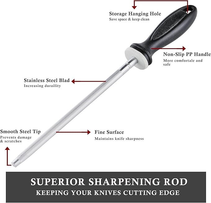 Knife Sharpener Rod, Little Cook 12 inch Knife Sharpening Steel, Knife Sharpening Rod with Ergonomic PP Handle (black)