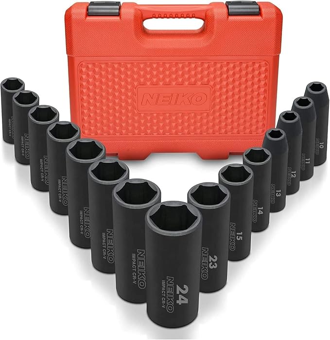 NEIKO 02474A 1/2" Impact Socket Set, 15 Piece Metric Socket Set 10-24 mm, Deep Sockets, 6 Point, 1/2??Drive Sockets for 1/2" Impact Wrench, Chrome Vanadium Cr-V