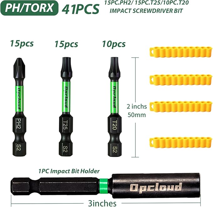 Impact Screwdriver Bit Set, 41 Pcs 2??S2 Steel PH2/T25/T20 Magnetic Tips Driver Power Bit Set with Extension Impact Bit Holder