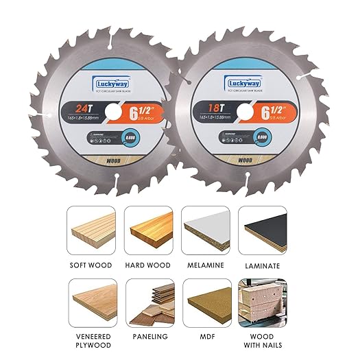 Luckyway 6-1/2 Inch Circular Saw Blade 18T&24T Framing with 5/8 Inch Arbor TCT (Tungsten Carbide Tipped) Saw Blade for Cutting Wood 2-Pack