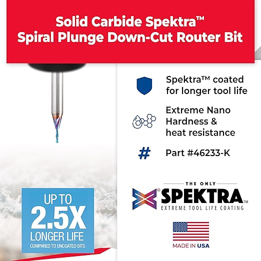 Amana Tool Solid Carbide Spektra Extreme Tool Life Spiral Plunge Router Bit Down-Cut, 46213-K, 1/16 Dia x 1/4 CH x 1/8 Shank 2 Inch L