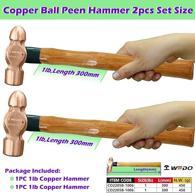 WEDO 2-Piece Copper Ball Peen Hammer Set, 16 oz + 16 oz(1lb+1lb), Ball Pein Hammer with Wooden Handle, Die-Forged, Corrosion Resistant, DIN Standard