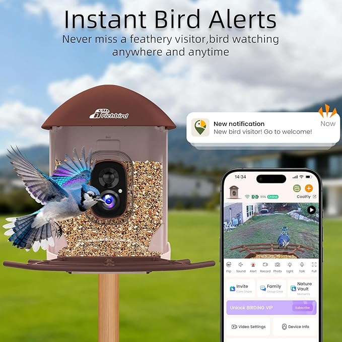 Upgraded Smart Bird Feeder with 2.5K HD Camera, Birdwatching Camera with AI Identify Birds for Outdoors, Squirrel Proof, Auto Video Capture & Instant Notifications, Brown