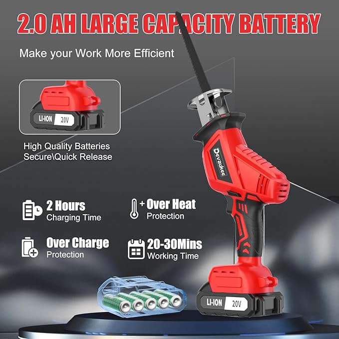 Cordless Reciprocating Saw 20V Battery Powered, 0-3500SPM Electric Sawzall with 4 Blades, Variable Speed, Tool-Free Blade Change, Lightweight Metal Cutting Saw for Home, Garden, Pruning, 2 Batteries