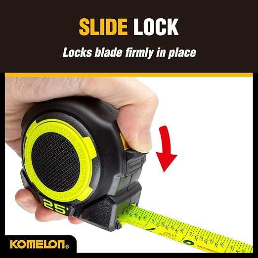 Komelon 25-Ft Retraction Control Tape Measure with Fraction Marks, Backside Printing, High Visibility Blade (TC25)