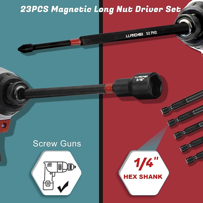 LLNDEI 23PCS Magnetic Nut Driver Set | Full Size 6-Inch Long Nut Driver Set | Metric 6-15mm, SAE 1/4"-9/16" | 1/4" Hex Shank | Long Power Bits, PH1, PH2, SL5, T20 | Cr-V Steel