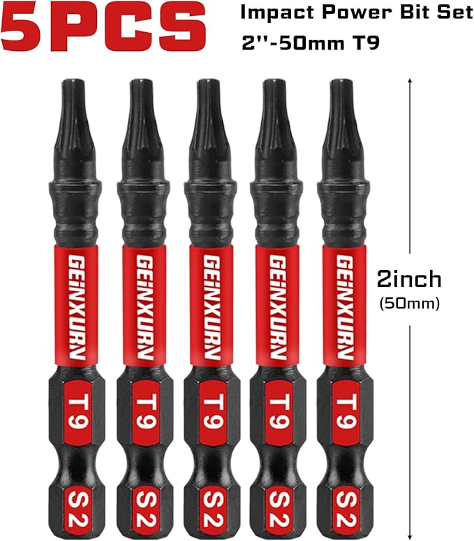 5 Pieces T9 Impact Tough Magnetic Screwdriver Bit Set, 2 In. #9 Torx Head power Bit Set, S2 Alloy Steel T9 Star Bit