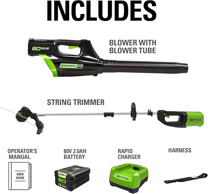 Greenworks 80V Brushless Cordless Yard Tool Combo Kit with 2.0Ah Battery & Rapid Charger ??16" Dual-Line String Trimmer and 500 CFM / 125 MPH Leaf Blower, Variable Speed, 4-Year Warranty