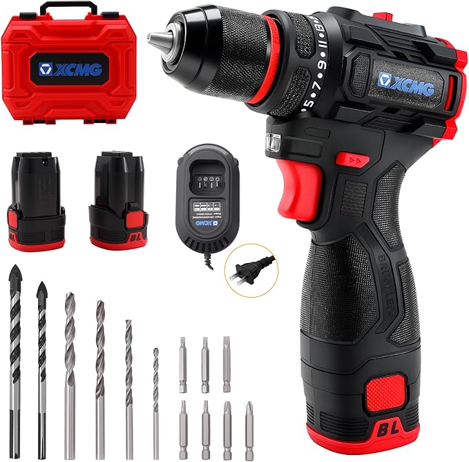 XCMG Cordless Hand Drill, 16.8V Brushless Motor, 3/8 Inch Keyless Chuck, Built-in LED Light, 20+1 Torque Adjustment, Dual Batteries for Long-Lasting Operation