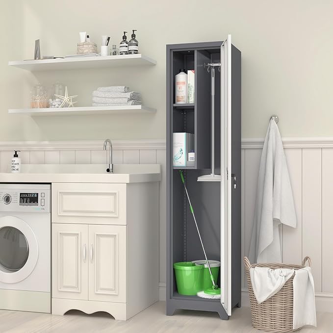 GREATMEET Broom Closet Storage Cabinet, 65'' Slim Metal Single Door Lockable Cleaning Storage Cabinet for Brooms, Mops & Cleaning Supplies, Utility Storage Cabinet for Garage, Laundry Room, White&Grey