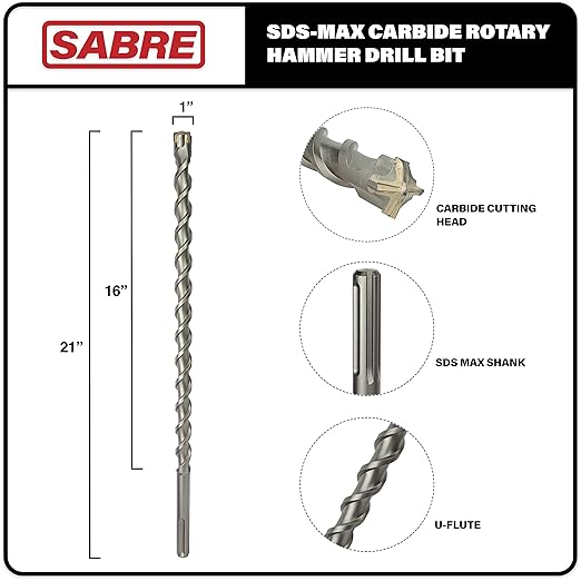 Sabre Tool 1 Inch x 21 Inch SDS MAX Rotary Hammer Drill Bit, U-Flute, Carbide Tipped for Brick, Stone, and Concrete (1inches x 16inches x 21SDS MAX Hammer Drills ONLY