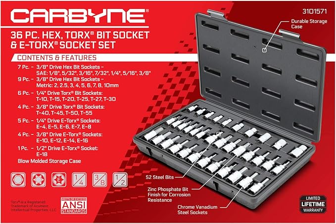 CARBYNE 36-Piece Hex (Allen), Torx Bit Socket & E-Torx Set | Includes Metric 2mm ??10mm, SAE 1/8 in. ??3/8 in., T10 ??T55, E4 ??E18, S2 Steel Bits, Cr-V Sockets, Durable Case
