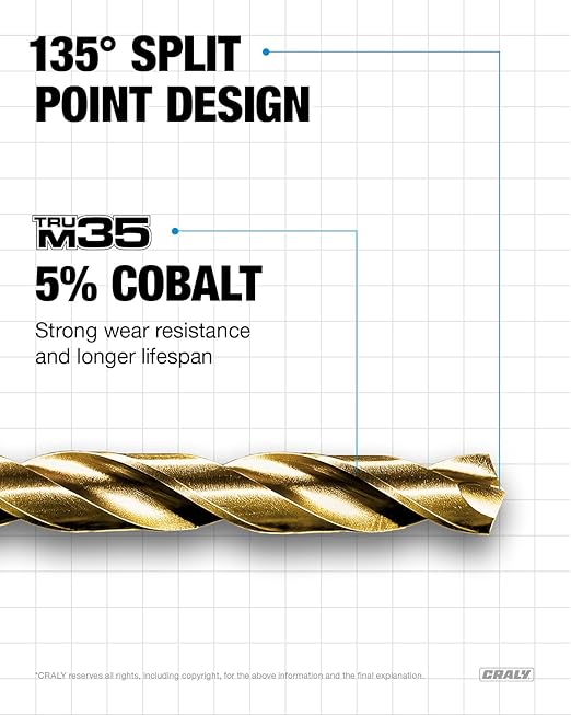 CRALY 1/8 Inch 10-Pc Cobalt Drill Bit Pack, M35 HSS Titanium Coated Jobber Length Twist Drill Bits, 135 Degree Split Point, for Hard Metal, Stainless Steel, Cast Iron, Plastic