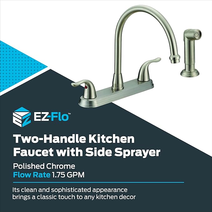 EZ-FLO Two-Handle High-Rise Kitchen Faucet with Side Sprayer, Polished Chrome Finish, 1/2 in MIP Connection, 1.75 GPM, EZ-10202