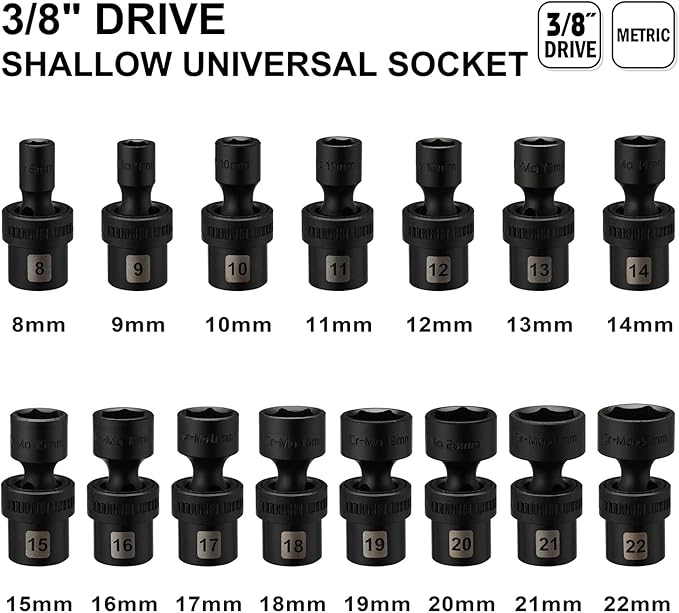 Mayouko 15PCS 3/8" Drive Shallow Universal Impact Socket Set, 6 Point, Metric, 8-22mm, 15-Piece Swivel Socket Set, Metric Flexible Wobble Sockets, CR-MO Steel