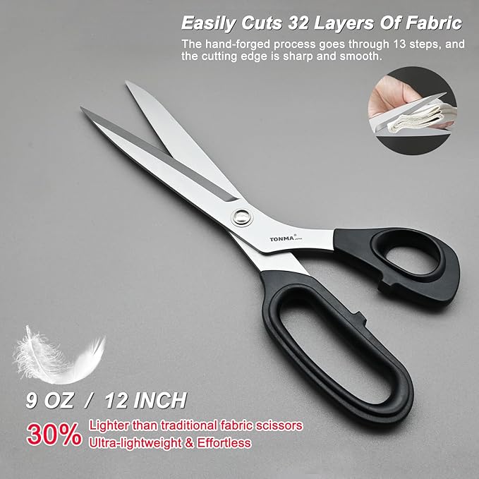 TONMA Dressmaker's Fabric Scissors [Made in Japan] 12-Inch Lightweight Sewing Scissors Japanese SG2 Stainless Steel Dressmaking Shears for Fabric Leather Upholstery Crafting, Right Handed