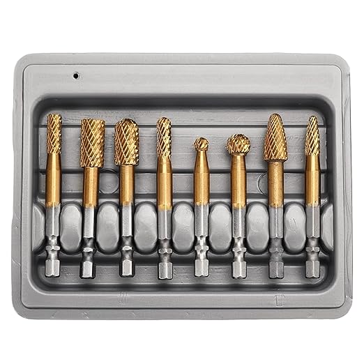8Pcs Carbide Burr Set (1/4" & 3/8" Diameter) with 1/4 inch Hex Shank,Double Cut Tungsten Carbide Rotary Burr Set for DIY Grinder Metal Wood Carving Engraving Polishing Drilling Grinding Milling