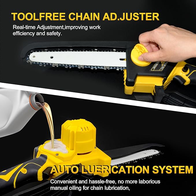 Mini Chainsaw Cordless 8 Inch with 2x 5200mAh Batteries, Portable Electric Chain Saw, Automatic Oiler, Battery Powered Small Handheld Saw,Trees Branches Trimming, Wood Cutting (Yellow)