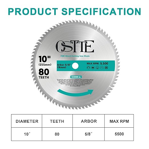 10-Inch Table Saw Blade 80 T, 5/8 Inch Arbor Circular Saw Blades, Carbide Tipped Teeth Miter Saw Blade for Cutting Wood, 1 Pack