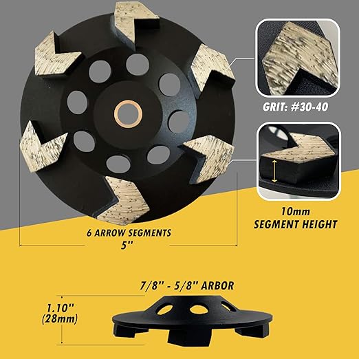 5" High Performance Diamond Grinding Wheels for Concrete, Paint, Epoxy, Mastic, Coating Removal, #30/40 Grit, 6 Arrow Segments, 7/8"-5/8" Arbor