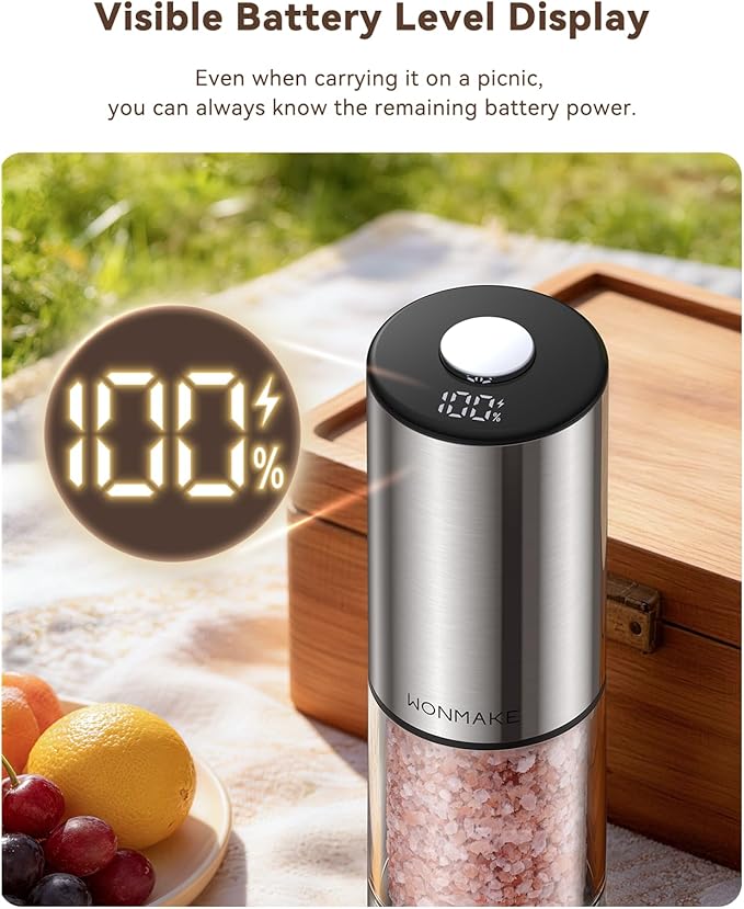 Electric Salt and Pepper Grinder Set, Stainless Steel Salt and Pepper Shakers with Storage Base, Type-C Rechargeable with Power Display, 5 External Coarseness Levels for Easy One-Hand Operation