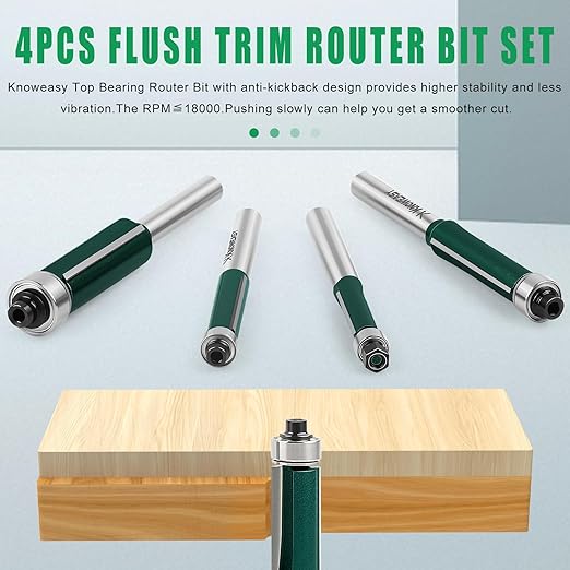 Knoweasy Professional Flush Trim Router Bit Set with 1/4 Inch Shank, 4PCS Top Bearing Router Bits for Woodworking, Includes 1/4, 5/16, 3/8 and 1/2 Inch Bearing Sizes