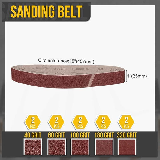 1 x 18 Inch Sanding Belt, 10 Pcs 40/60/100/180/320 Grits Aluminum Oxide Knife Sharpener Belts Work Sharpening for Belt Sander Knife Carving Tool Metal Working