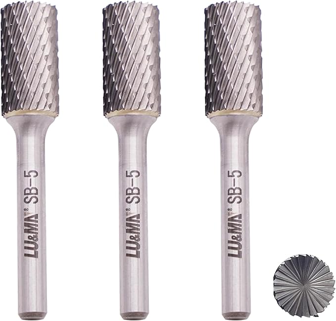LU&MN SB-5 Tungsten Carbide Burr Cylinder Shape Double Cut Rotary Burrs File(1/2''cutter Dia,1''Cutter Length) with 1/4'' (6.35mm) Shank dia,3PCS