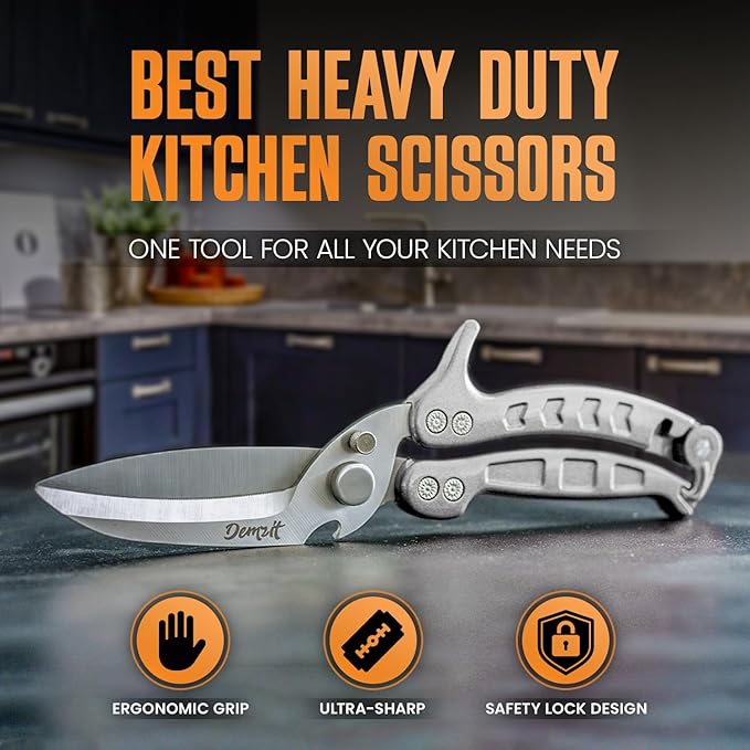 Poultry Shears, Kitchen Shears Heavy Duty for Food With Anti-Slip Handle & Safety Lock, Meat Scissors, Chicken, Lobster, Quail, Fish, Food Cutting Scissors, Bone Cutter - Spring Loaded