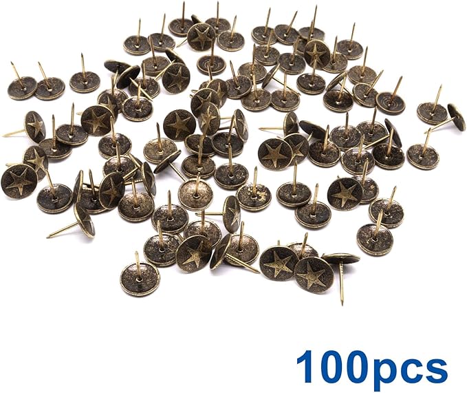 YuGtcen 100pcs Upholstery Tacks, Decorative Nails Thumb Tacks Round Metal Upholstery Nails for Wood Upholstery Pins Retro Furniture Tacks (16x20mm, Star Bronze)