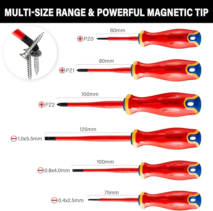 HAUTMEC Insulated Screwdriver Set, 6-Piece Electrician Screwdriver Set, VDE & GS Certified 1000V, with S2 Steel Magnetic Tips and Tri-Material Handles for Professional Electrical Work, HT0331