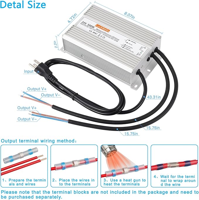 LED Driver 24V500W Waterproof Power Supply AC90-130V to DC24V20.8A Low-Voltage IP67 Transformer Suitable for Street Lights Lawn Lights LED Outdoor Landscape Lighting Waterproof Transformer