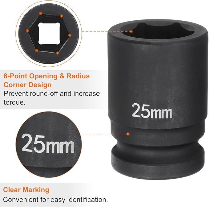 HARFINGTON 6-Point Impact Socket 3/4" Drive 25mm Metric 40Cr Alloy Steel Spindle Axle Nut Impact Socket