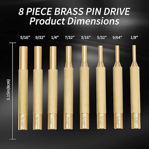8-Piece Brass Punch Set, Removing Repair Tool 1/8", 9/64", 5/32", 3/16", 7/32", 1/4", 9/32" and 5/16" Brass Pin Drive Punch Set
