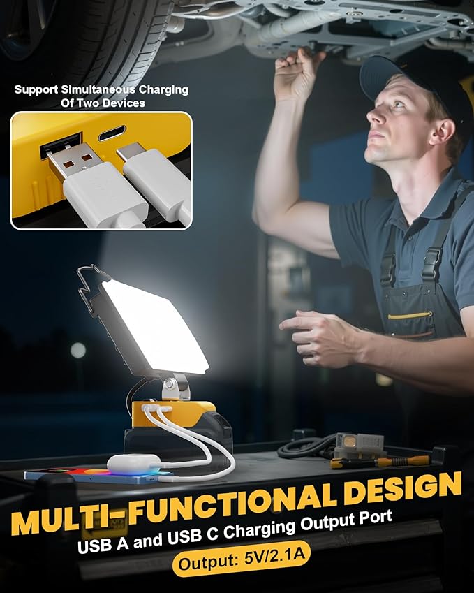 LIVOWALNY LED Work Light Compatible with Dewalt, 100W 10000LM 7" Flood Battery Light, Cordless LED Flashlights with USB & Type-C & Low Voltage Protection & 140째 Pivoting Head for Emergency & Job Site