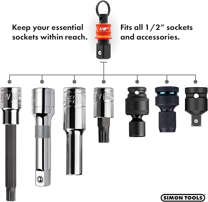 Socket Holder Keychain 3pc - 1/2 Socket Organizer with Quick Release and Clip - Perfect Impact Wrench and Toolbox Accessories for Construction Workers, Linemen and Automotive Mechanics