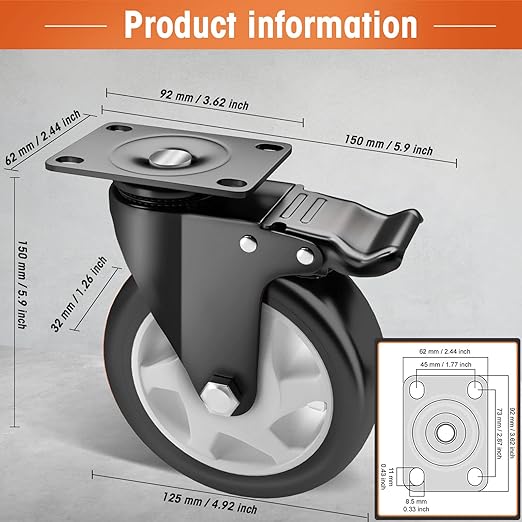 Casters, 5" Caster Wheels竊똂asters Set of 8 Heavy Duty - ASRINIEY Black Polyurethane Castors, Top Plate Swivel Wheels, 8-Pack Industrial Casters with Brake, Locking Casters for Furniture and Workbench