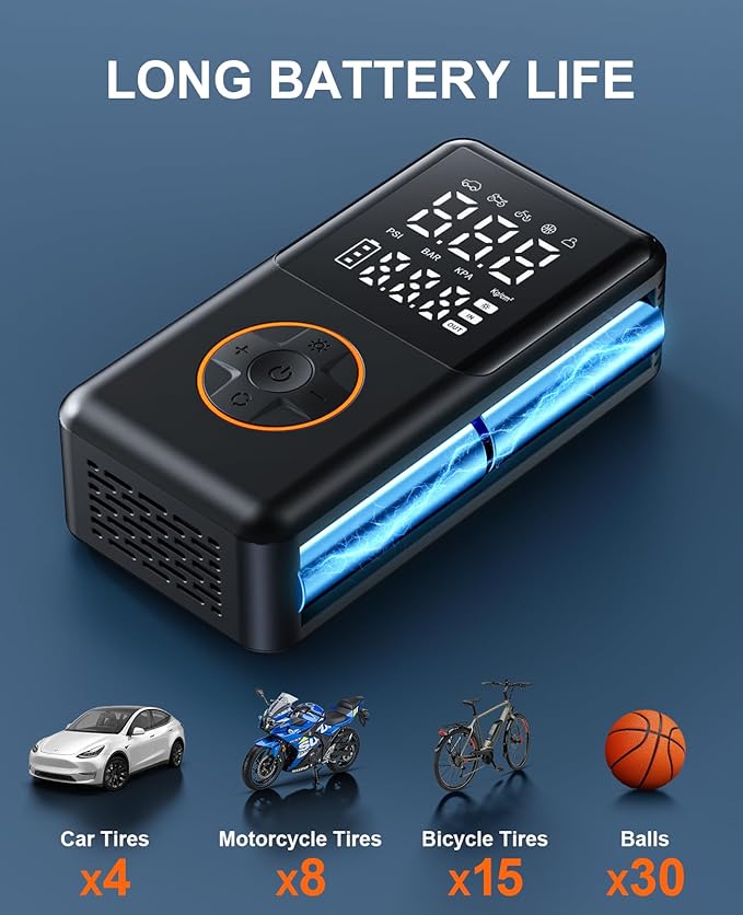 Tire Inflator Portable Air Compressor - 150PSI Electric Bike Pump, Auto Shut Off & Digital Pressure Gauge, Cordless Air Pump for Car Tires, Motorcycles, Balls with LED Light