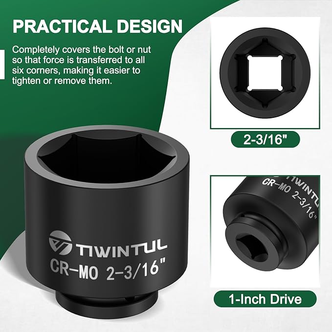 2-3/16'' Impact Socket 1" Drive, Deep 6 Point Large Impact Socket, CR-MO Weighted Big Socket, Heavy Duty 1 Inch Socket for Semi Truck, Hydraulic Cylinder, Oil Rig & Rail Equipment