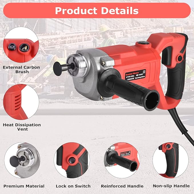 Seeutek Concrete Vibrating Tool - 1600W Electric Concrete Vibrator with 6.6ft Shaft Rod, 15000VPM Portable Pencil Cement Vibrator for Industrial Concrete Construction, Easy to Use