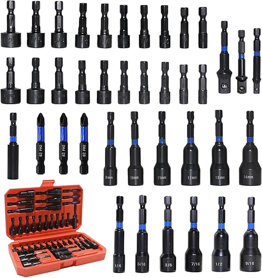 39-Piece Magnetic Nut Driver Set, Includes Metric & SAE Impact Driver Bit Set, Bit Extension & Drill Bit Adapter | 1/4" Hex Shank | Cr-V Steel, Screwdriver Bits, Bit Holder, Slotting Tool Box