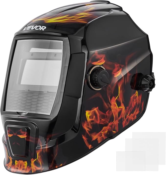 VEVOR Welding Helmet Auto Darkening, 3.66" x 1.69" True Color Welding Hood, Solar-Powered Welder Mask 2 Arc Sensors, Shade 4/9-13 for TIG MIG ARC Weld Grinding - CRIUS Series (Yellow Flame Pattern)