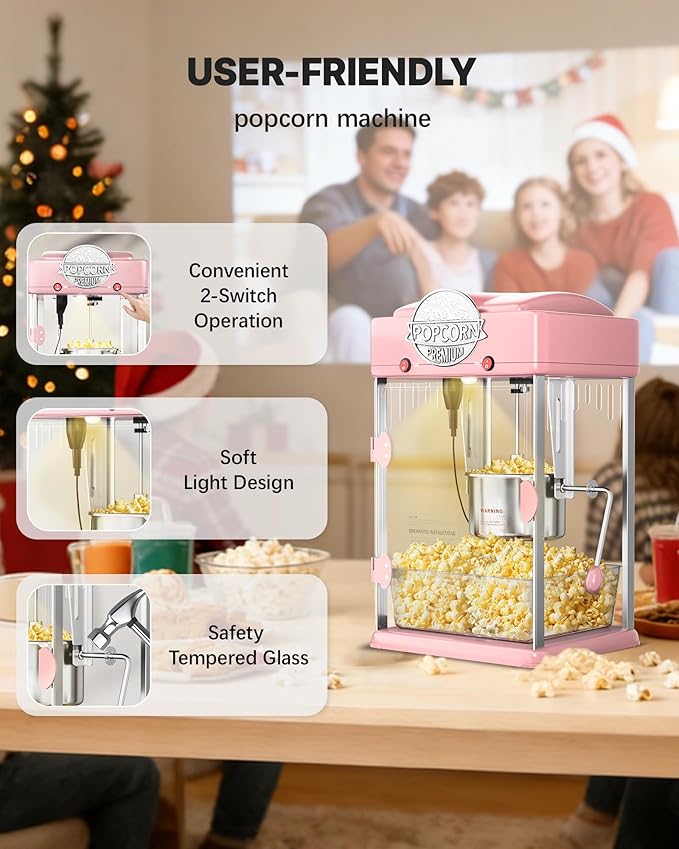 6 Oz Popcorn Machine, Tabletop Popcorn Maker, Countertop Pop Corn Machine, Movie Theater Popcorn Popper Machine with Stainless-Steel Kettle, Measuring Tool for Home Family, 300 W, Pink