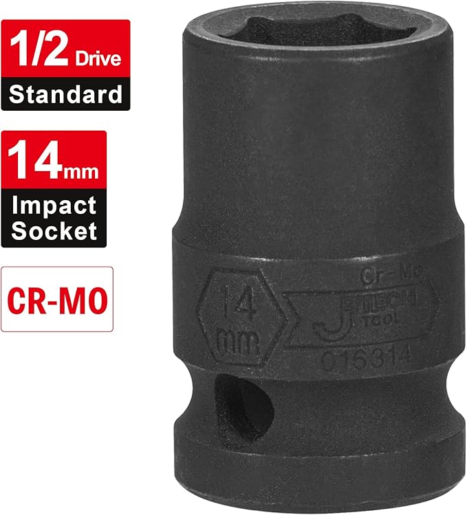 JETECH 1/2 Inch Drive 14mm Standard Impact Socket, Chrome Molybdenum Alloy Steel, 6-Point Design, Metric