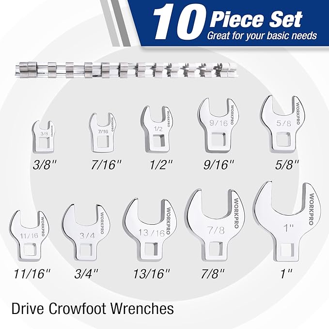 WORKPRO 3/8" Drive Crowfoot Wrench Set, 10-Piece SAE Crowfoot Wrench with Clip-on Organizer, 3/8??1?? Great for Automotive Repair Work Hard-To-Reach Areas