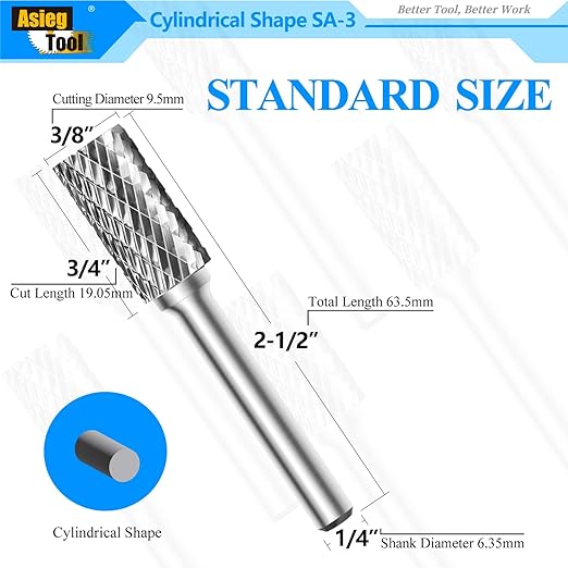 SA-3 Tungsten Carbide Burr Rotary File Cylindrical Shape Double Cut for Die Grinder Drill Bits 1/4'' Inch Diameter of Shank and 3/8'' Inch Diameter of Cutter 3/4'' Inch Cutter Length