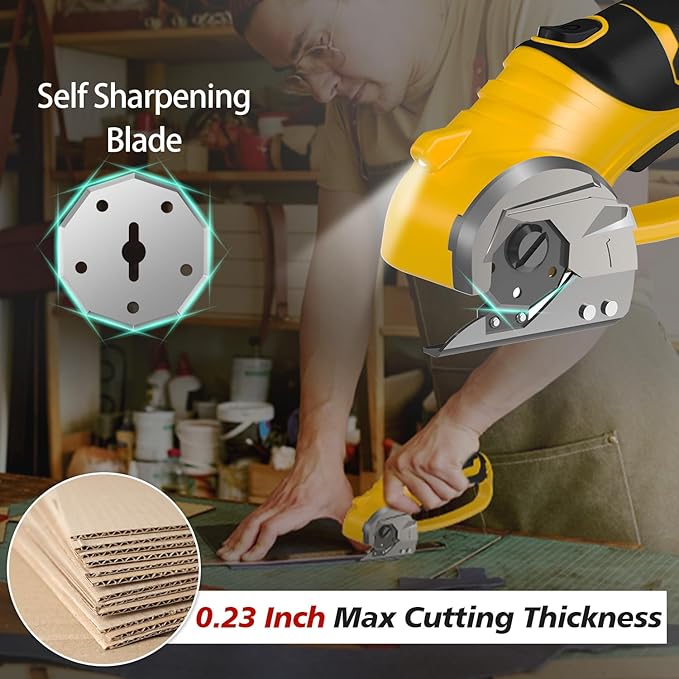 Cordless Electric Scissors, 4V Rechargeable Box Cutter & Cardboard Cutter with Titanium Blade, LED Light, Safety Lock - Rotary Cutter for Fabric, Leather, Carpet, Plastic, Crafting, Sewing(Yellow)